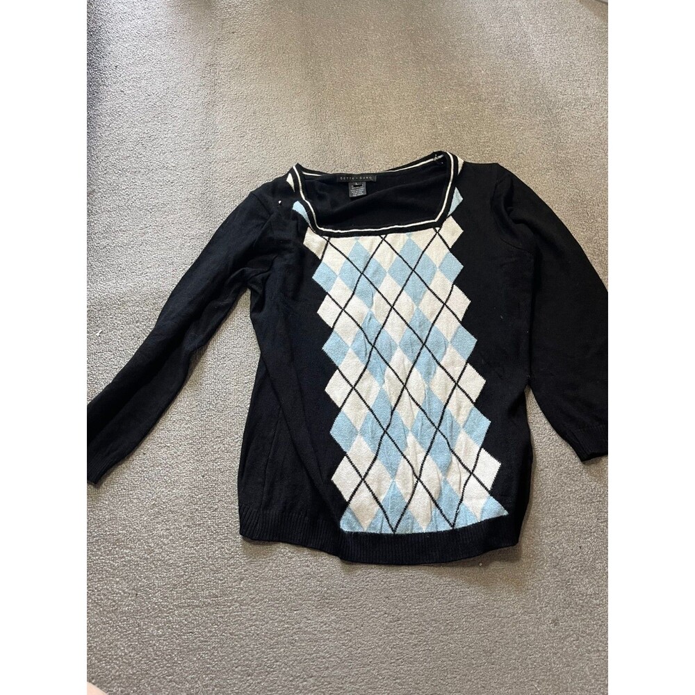 Bette Sung Black Pullover Sweater Womens Large L 3/4 Sleeve Checkered Pattern